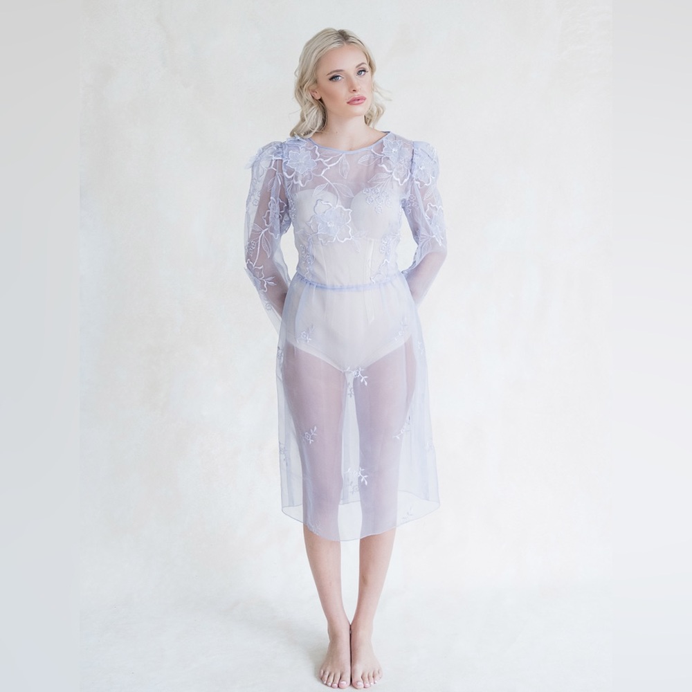 1980s Vintage Sheer Lavender Appliqué Dress
